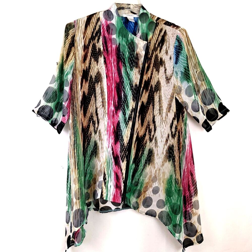 Feratelli Sheer Multicolor Shark Bite Asymetrical Zip Size XL Tunic Top